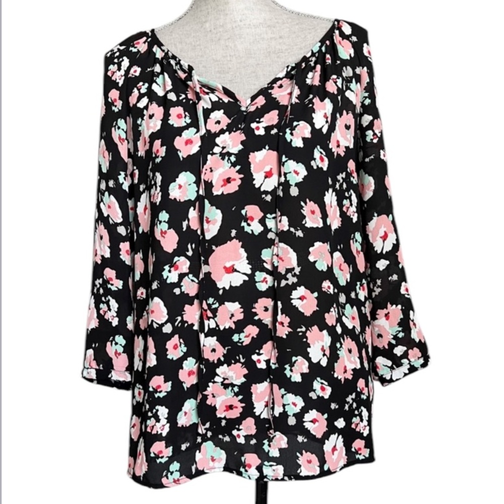Massini Floral Popover Peasant Tunic Top Blouse Small
